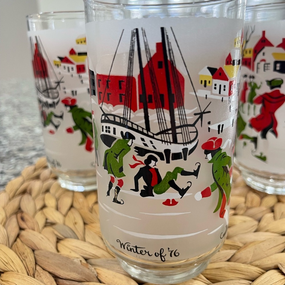 Libbey Winter of '76 Frosted Glasses with Red and Green Design